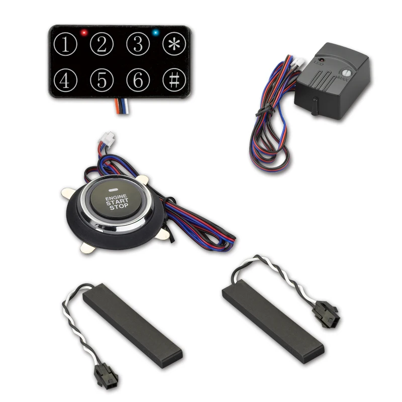PKE smart key car alarm keyless push button start system with remote engine start and shock sensor