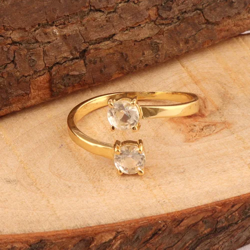 24K Gold Plated Faceted Clear Quartz Double Stone Statement Ring Fashionable Cute Adjustable Open Prong Set Wedding Wholesale