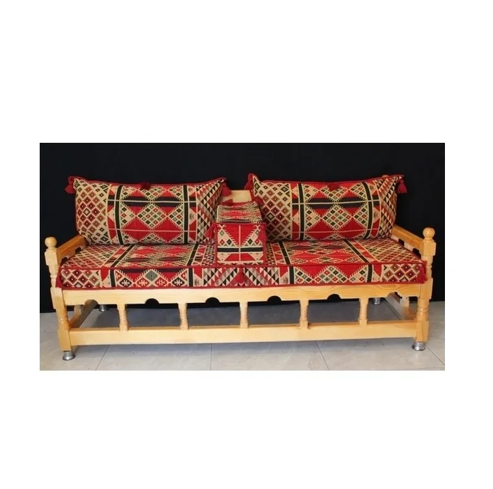 3 Seater Oriental Cushioned Solid Wood Sofa Set |  Wooden Sofa+Cushion+Pillows+Armrest  FULL  |  Solid Wood Sofa