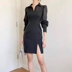 2020 New Arrivals Elegant Black Office Dress Summer Long Sleeve Open End Formal Dress
