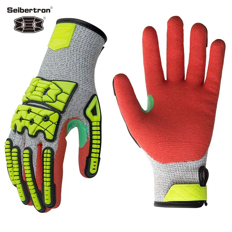 Seibertron Impact Protection Seamless Knitted Hook And Loop Closure En388 Cut 5 Resistant Water Resistant Sandy Nitrile Gloves