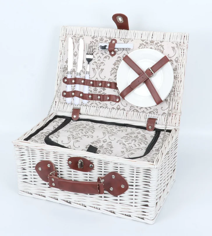 Handmade Camping Hiking White Honey Brown Wicker Willow Hamper With Blanket Picnic Basket For 2