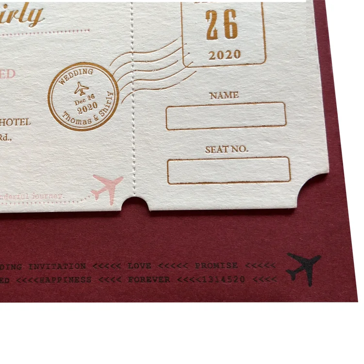Customization High Quality Paper Sheet Pink Invitation Card Boarding Pass for Wedding Decoration Letter Decal Design Logo Print