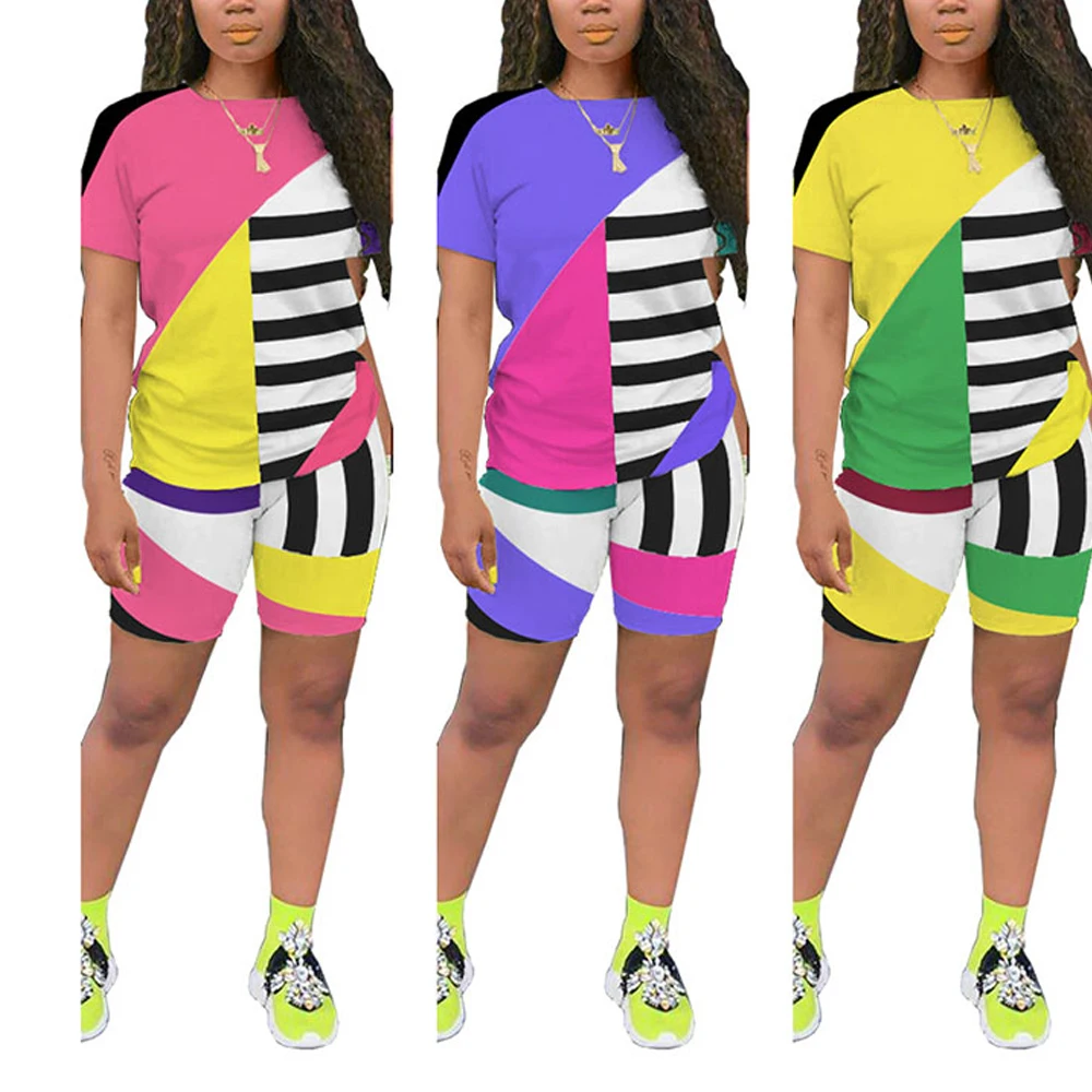  Новейшая модная дизайнерская женская разноцветная летняя одежда в стиле пэчворк 100% хлопок однотонные повседневные комплекты из Джерси
