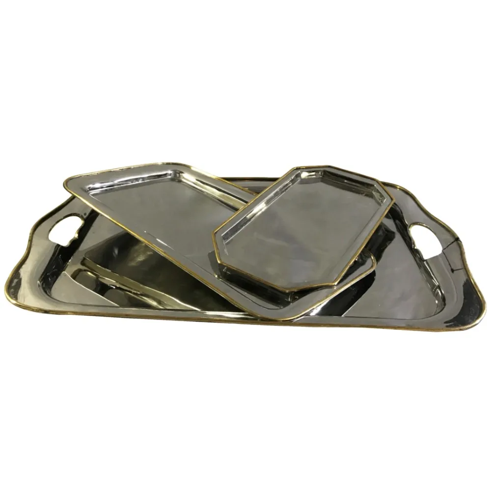 New 2020 Gold Rimmed Metal Trays - Aluminum - Polished - Handmade - Wholesale - Bulk - New - Set of 3 - Rectangle - Elegant