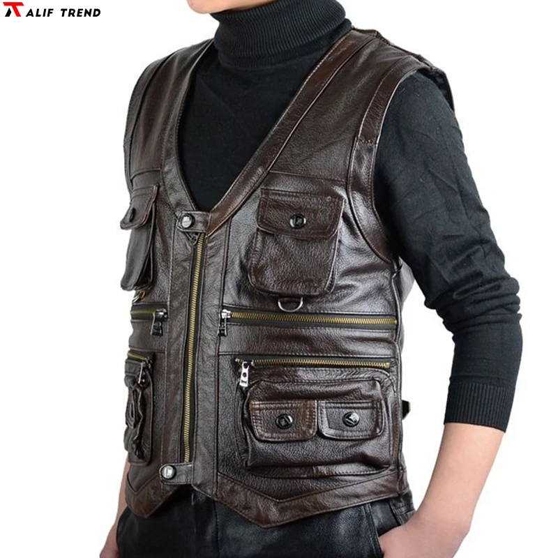 Cowhide Genuine Leather Vest Men Brown Waistcoat Male Sleeveless Jacket Thick High Quality Vest Multi Pocket