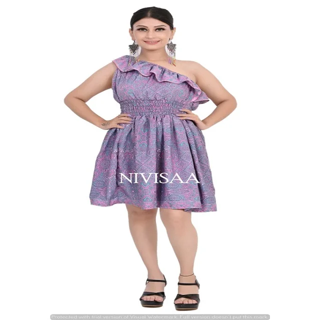 Latest Trendy Design Floral Printed Knee Length Without Sleeves Short Dress with Elastic Waist in Lavender Color for Girls