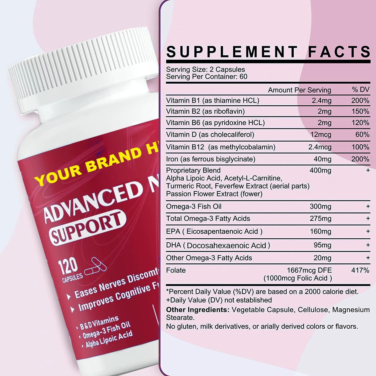 Neuropathy Pain Relief 120 Caps- Nerve Support Formula with Alpha Lipoic Acid, Acetyl-L-Carnitine, Omega-3, Vitamin B, Turmeric