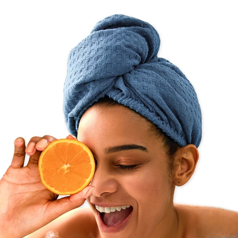 Custom logo microfiber waffle hair towel hair wrap with button for long curly hair