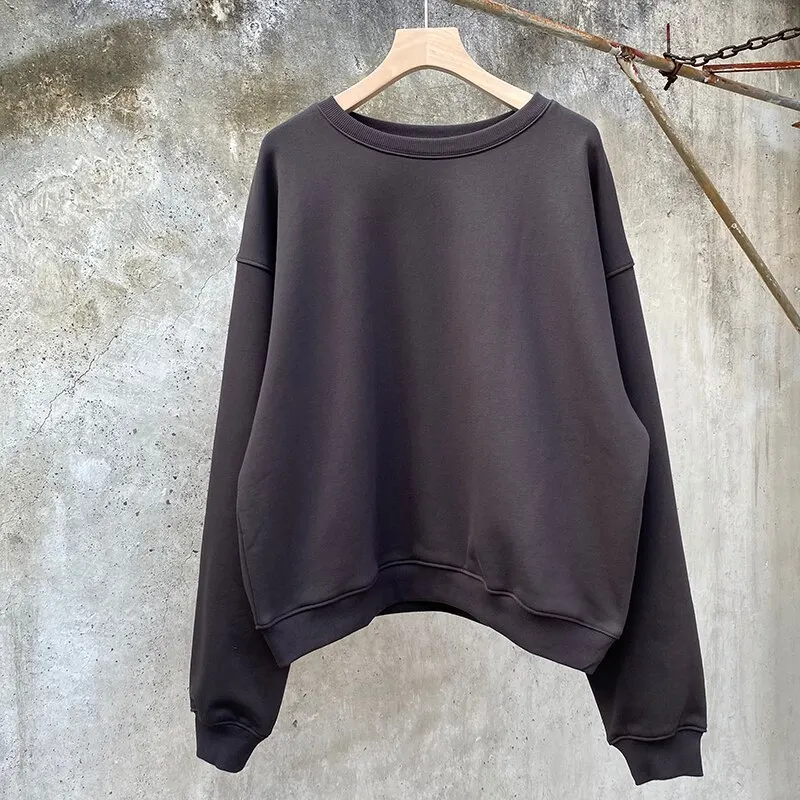 Customized Retro Solid Color Crew Neck Fleece Sweatshirts for Men and Women Oversized Streetwear Harajuku Loose