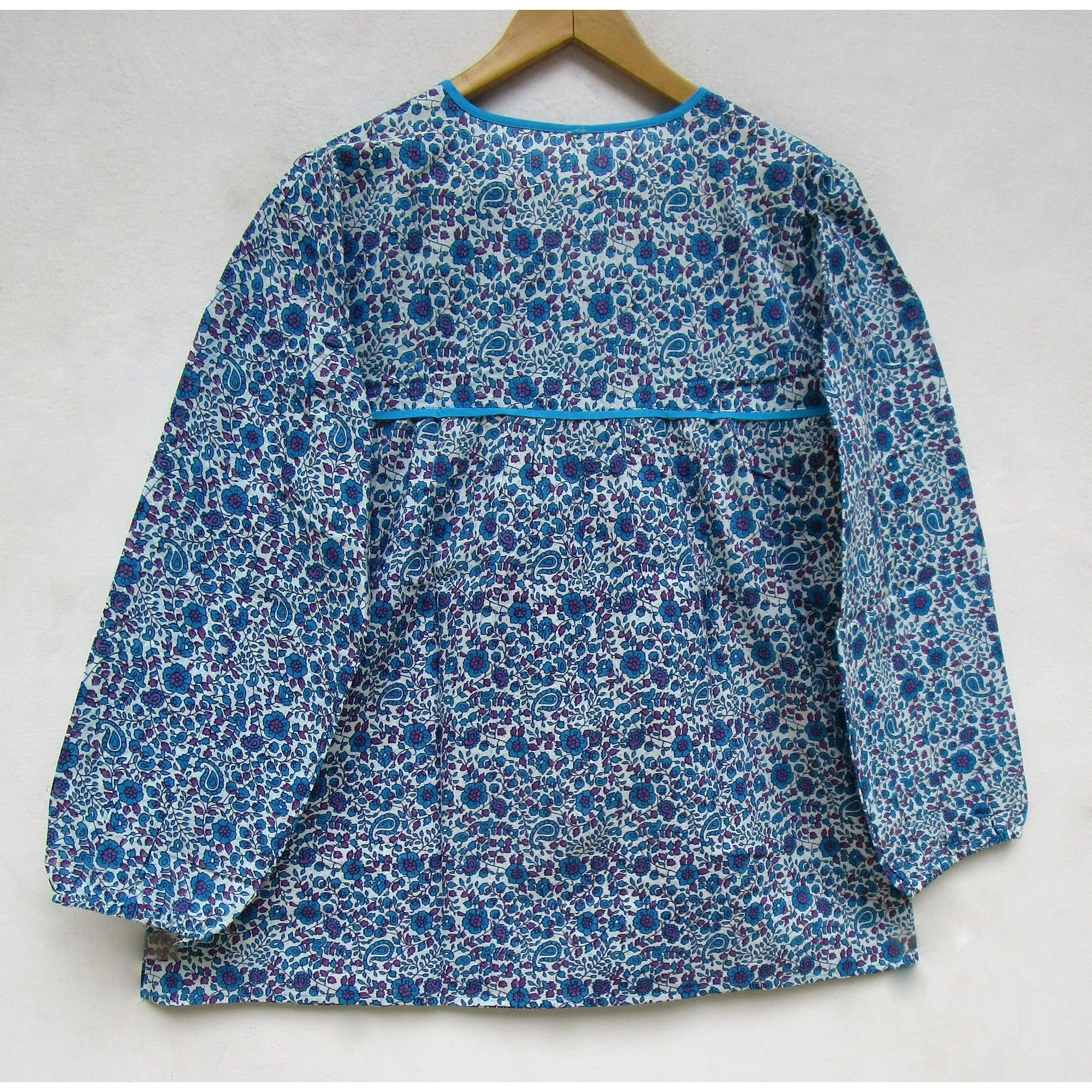 Blue and purple floral Indian printed cotton women blouse and tops - bohemian style blouse