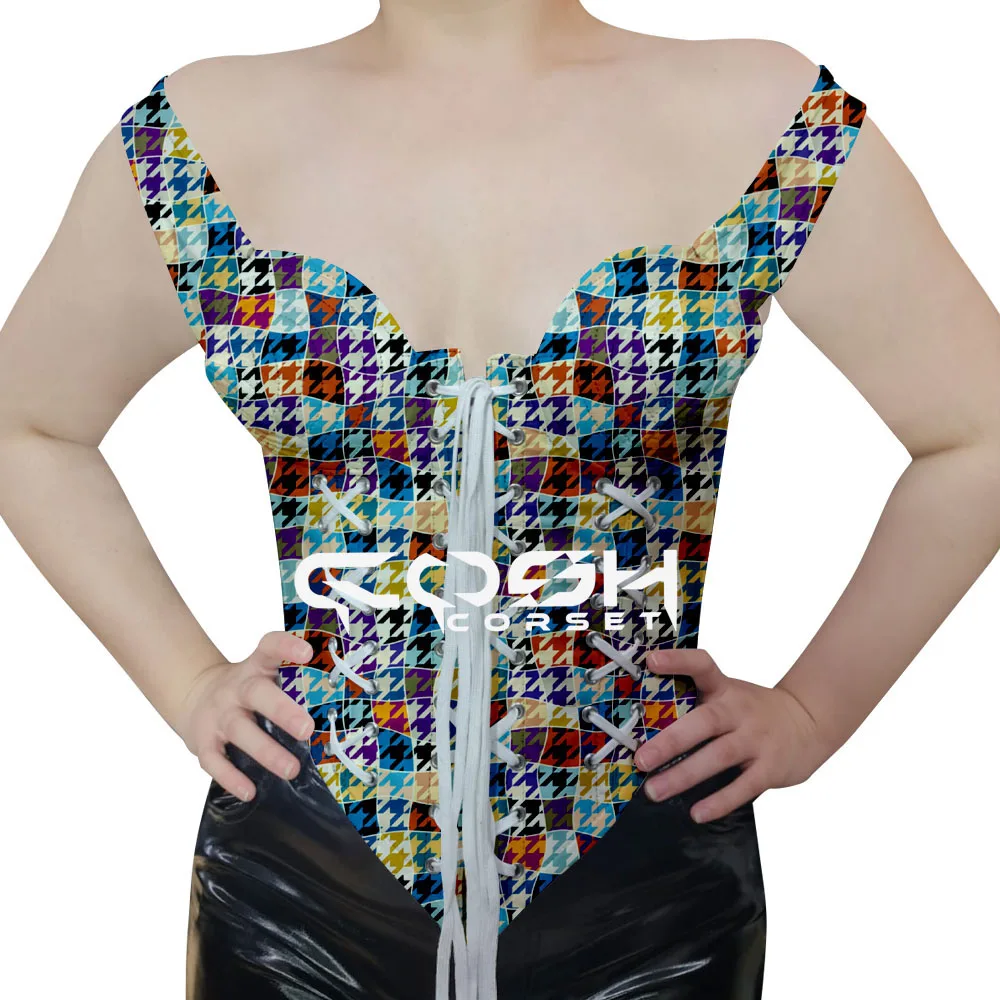 Over Bust Steel Boned Sublimation Printed Corset With Side Zip Up And Shoulder Strap With Front Laces Fashion Outfit Bustier Top