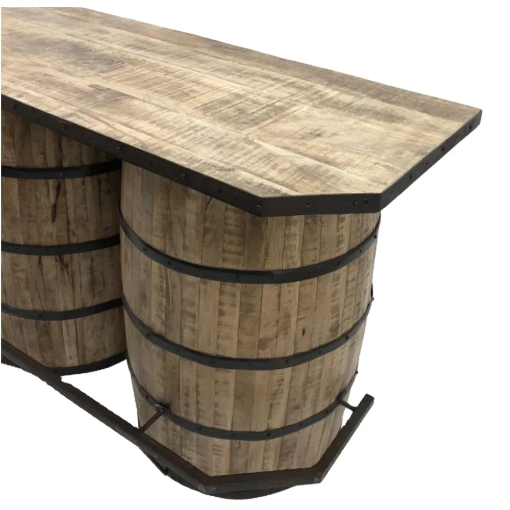 Solid Wood 2 Barrel Metal Footrest Shelf Antique Home Bar Cabinets Wine Living Room Hotel Pub Farmhouse Bathroom Hall