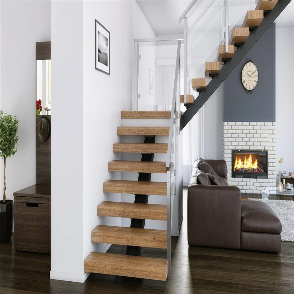 Open riser staircase design with wood handrail stainless steel railing straight mono stringer stairs