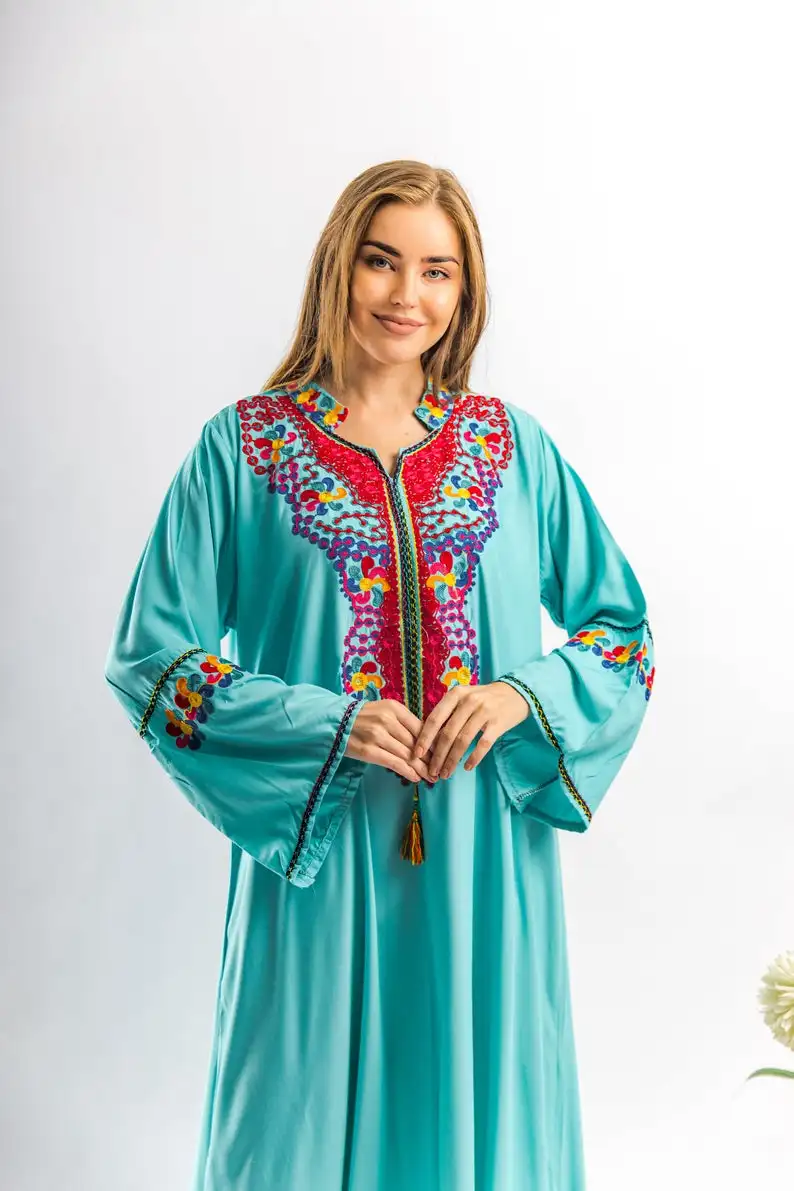 Boho Hand Embroidered Dress Women Casual Ethnic Style Clothes Long Sleeve V Neck Bohemian Short Dress