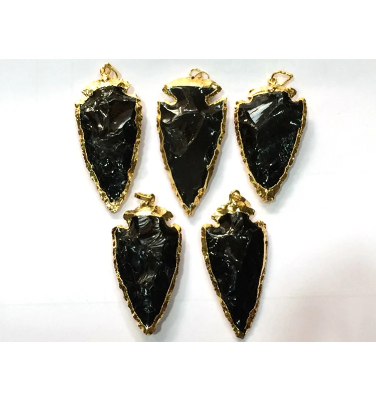 Black Obsidian 2 Inch Electroplated Arrowhead Pendant Wholesale Pendant Gemstone Jewelry Handmade Arrowhead Pendant