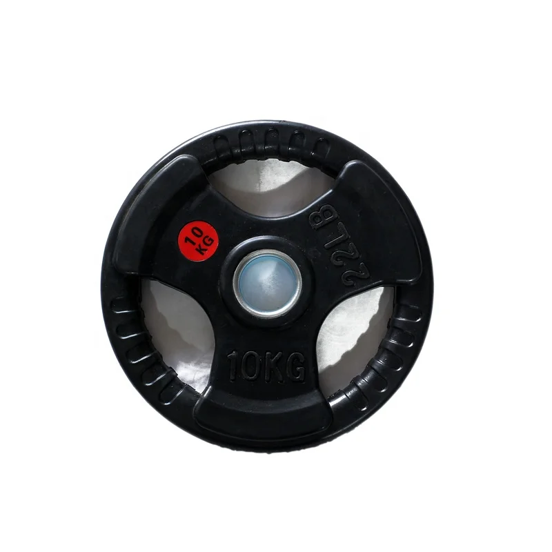 Custom Gym Bumper Rubber Barbell/ Three Handles Tri Grip Three Holes Black Rubber Weight Barbell Plate