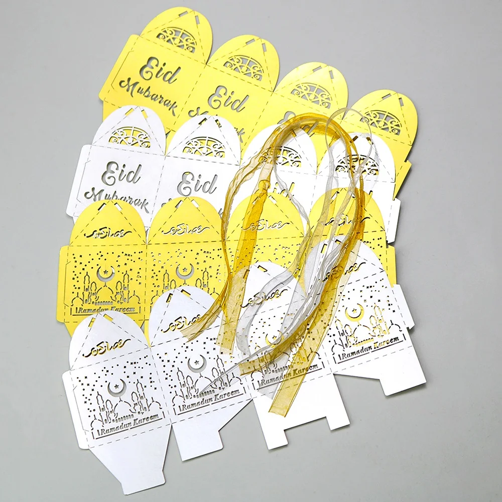 Muslim Paper Ribbon Eid Mubarak Candy Box Chocolate Sweet Packaging Box for Happy Ramadan Party Decoration Candy Boxes