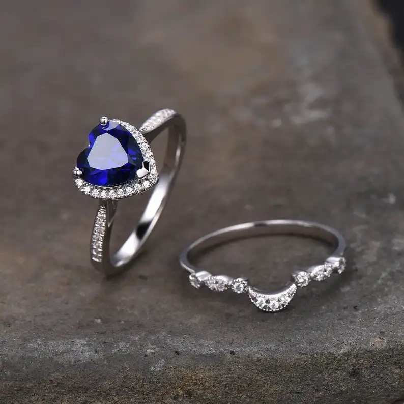 Blue Sapphire Heart Shaped Engagement Ring Gemstone Bridal Set 925 Sterling Silver September Birthstone Wedding Band