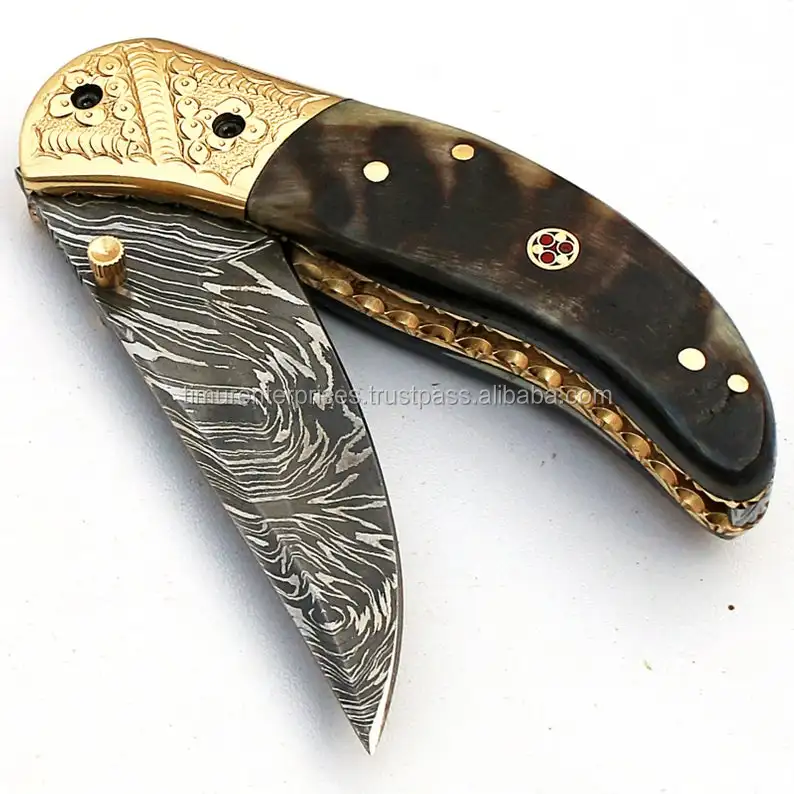 Best price damascus steel blade ram horn  handle hunting skinning knife folding blade knife pocket knife  F-003