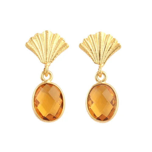 Good selling oval shape citrine quartz crown drop stud earrings brass gold plated party style bezel setting statement earrings
