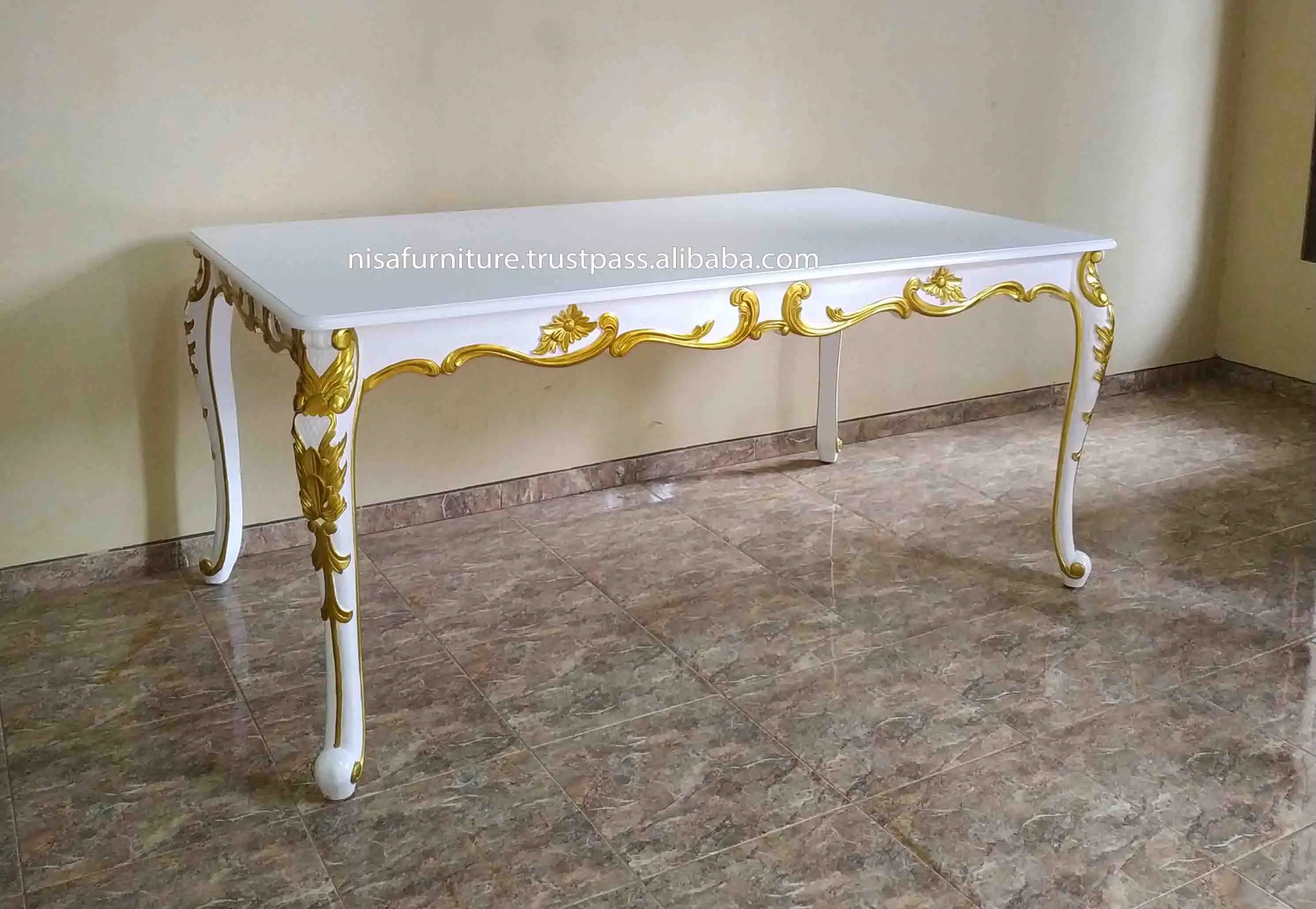 Antique Dining Room Furniture Set Rectangular Mahogany Wood MDF Board Table for 6 White Gold Trim Chairs Solid Wood Style Homes