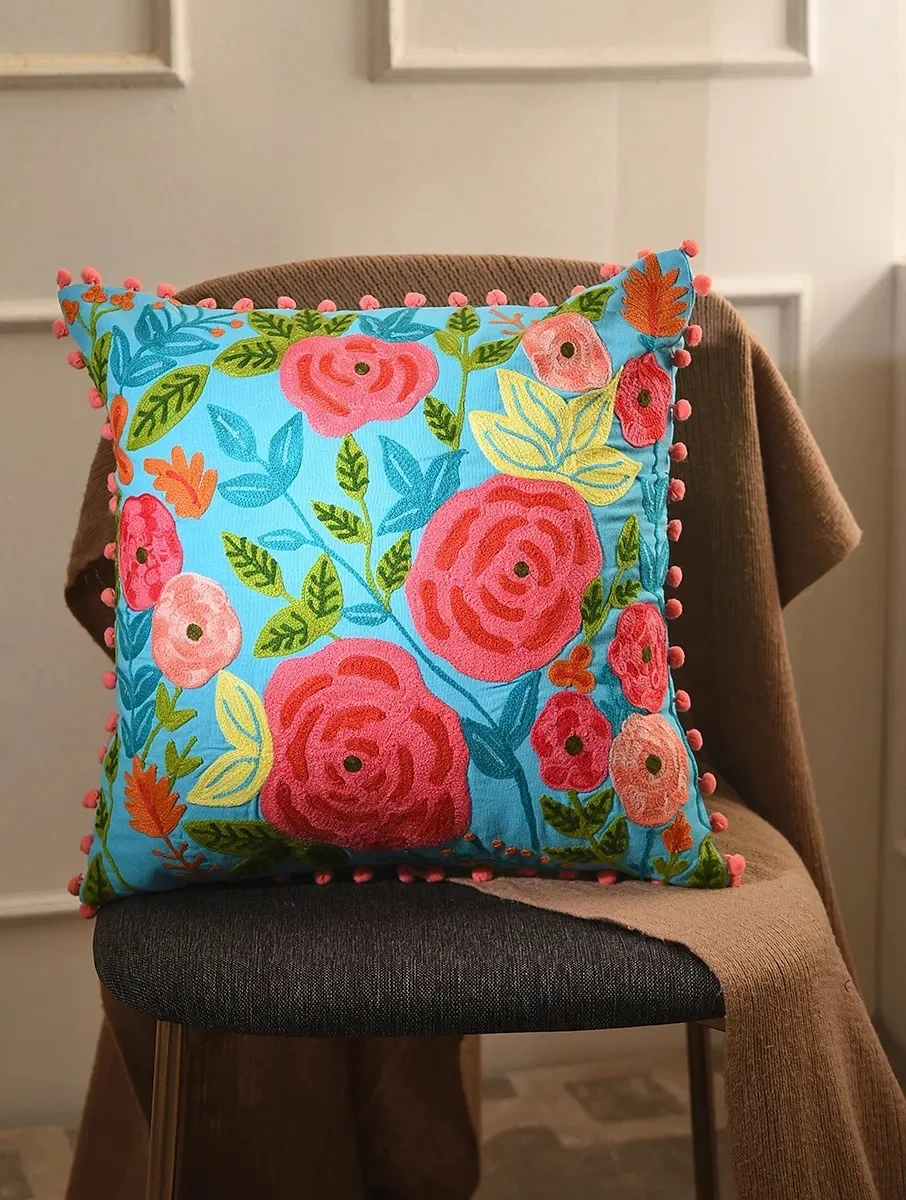 Indian Luxury Home Hand Embroidered Floral Pillow Cushion Cover Sky Blue Cotton Silk Living Room Hotel-Wholesale Home Decor Red