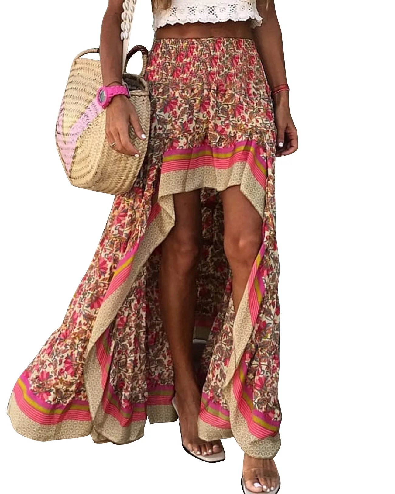 New Women Casual Rayon Cotton Skirt Lady Bohemian Holiday Style Floral printed Elastic waist Long Maxi Skirts Irregular skirt