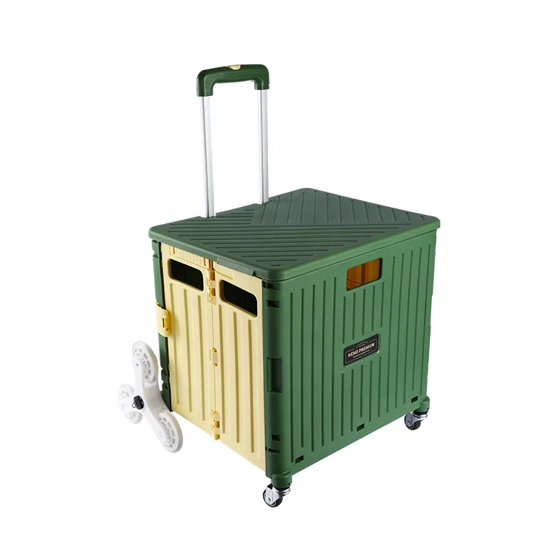 Folding Portable 6 wheel Rolling Wheel Trolley Collapsible Storage Utility plastic shopping cart for climbing stair