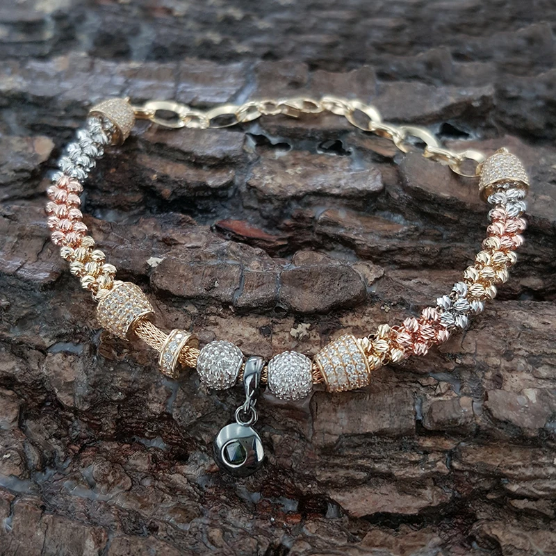 14K Solid Tri Color Real Gold Enamel Lovely Handmade Braided Bracelet Turkish Luxury Artisan Designer Fine Jewellery Beaded New