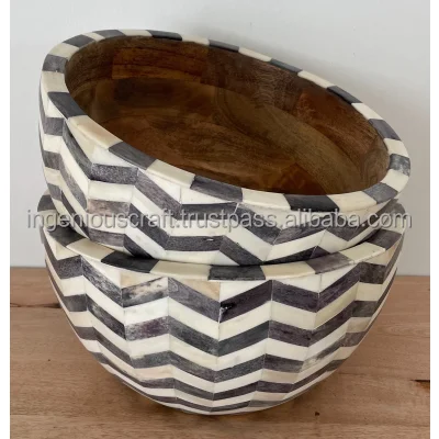 Top Selling Bone Inlay Zigzag Pattern Salad Bowl Serving Bowl Tableware India bone inlay bowl