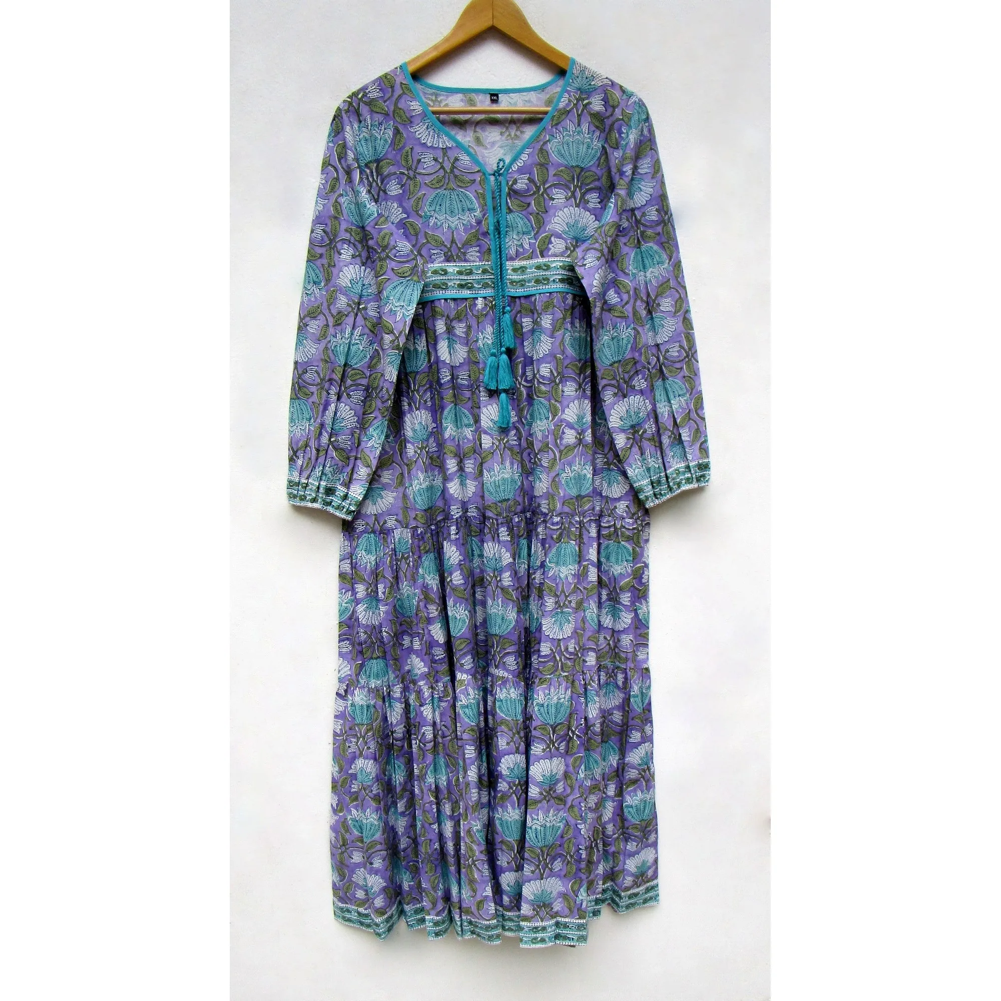 ambitious flower look hand block  printed cotton Indian maxi style look women dress - travel wear dress
