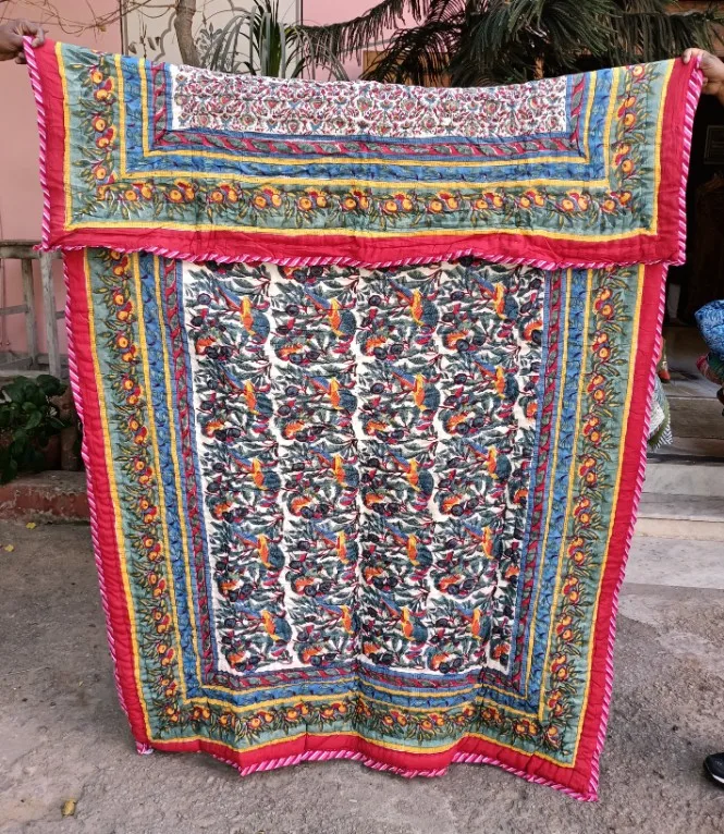 Luxurious Hand Block Printed Quilted Quilts For Home Bedding & Living Decor, Colorful Print Blanket & Comforter For Home Textile