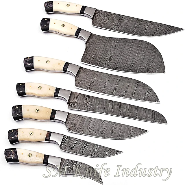 Шеф-повара набор ножей с кожаным комплект круглой ручкой из нержавеющей стали дамасской 8 шт. Дамасская сталь кухонный нож для резки продуктов измельчения мяса (smk2024)