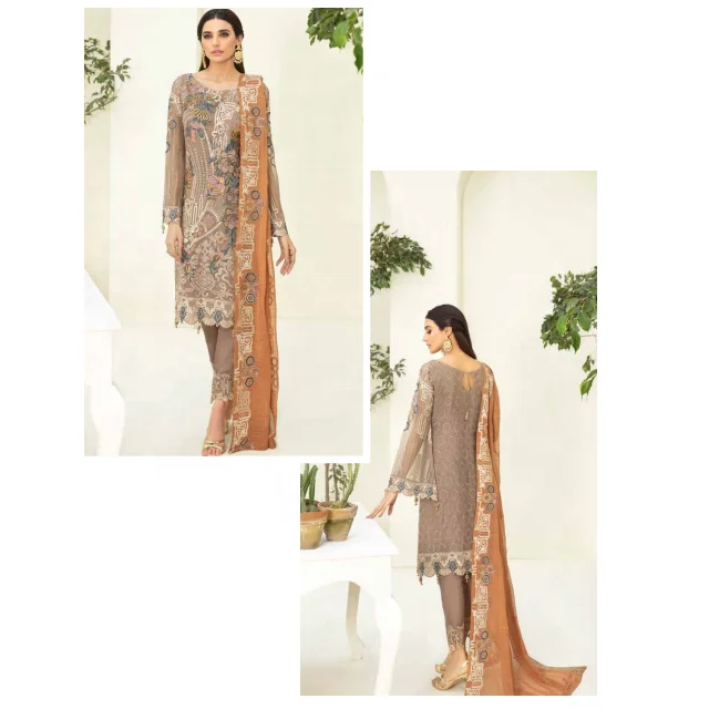 
Light Pink Pakistani Embroidered Dress With Light Blue Thread Paired With Chiffon Dupatta 