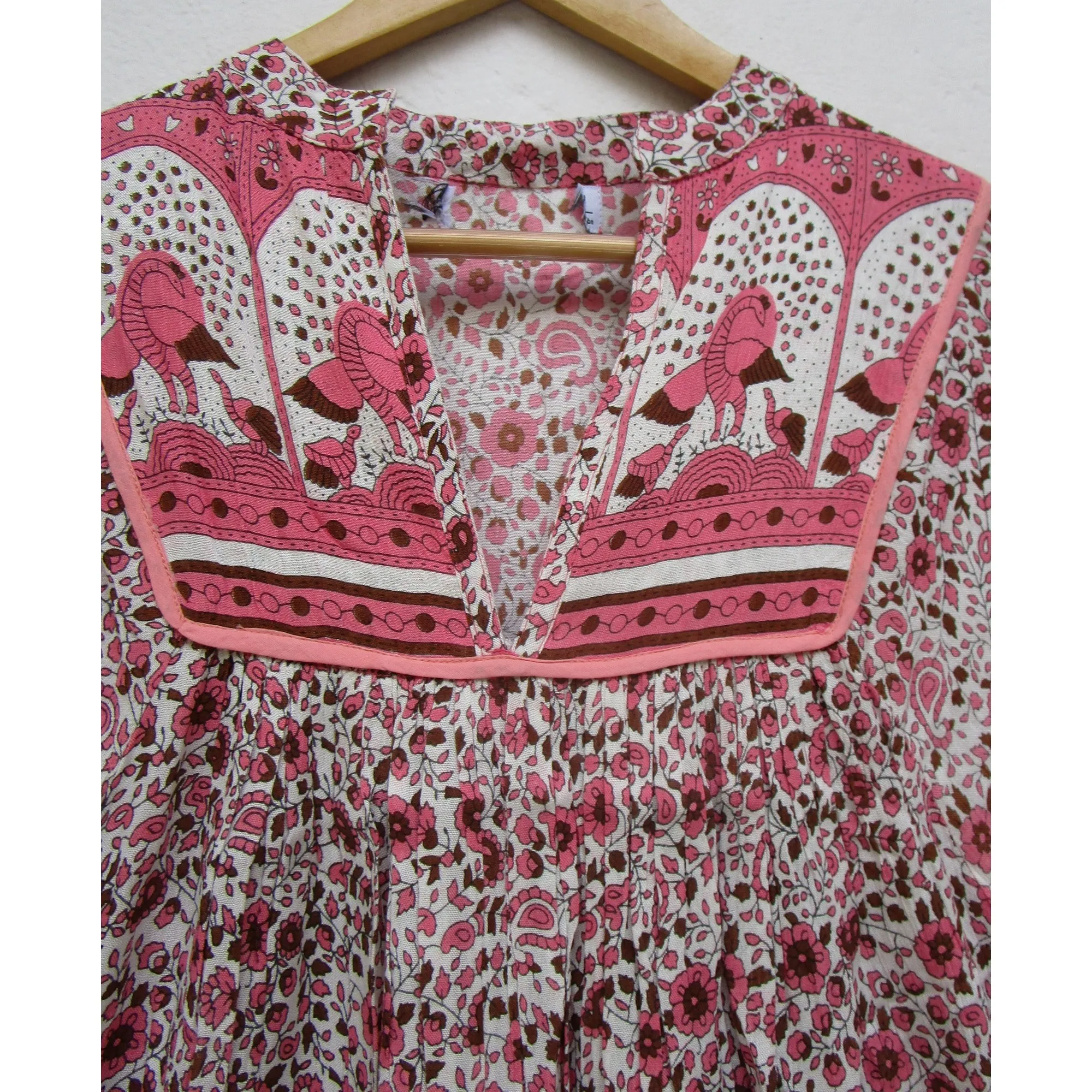 rayon pink birds and floral printed boho hippie stand collar neck maxi dress