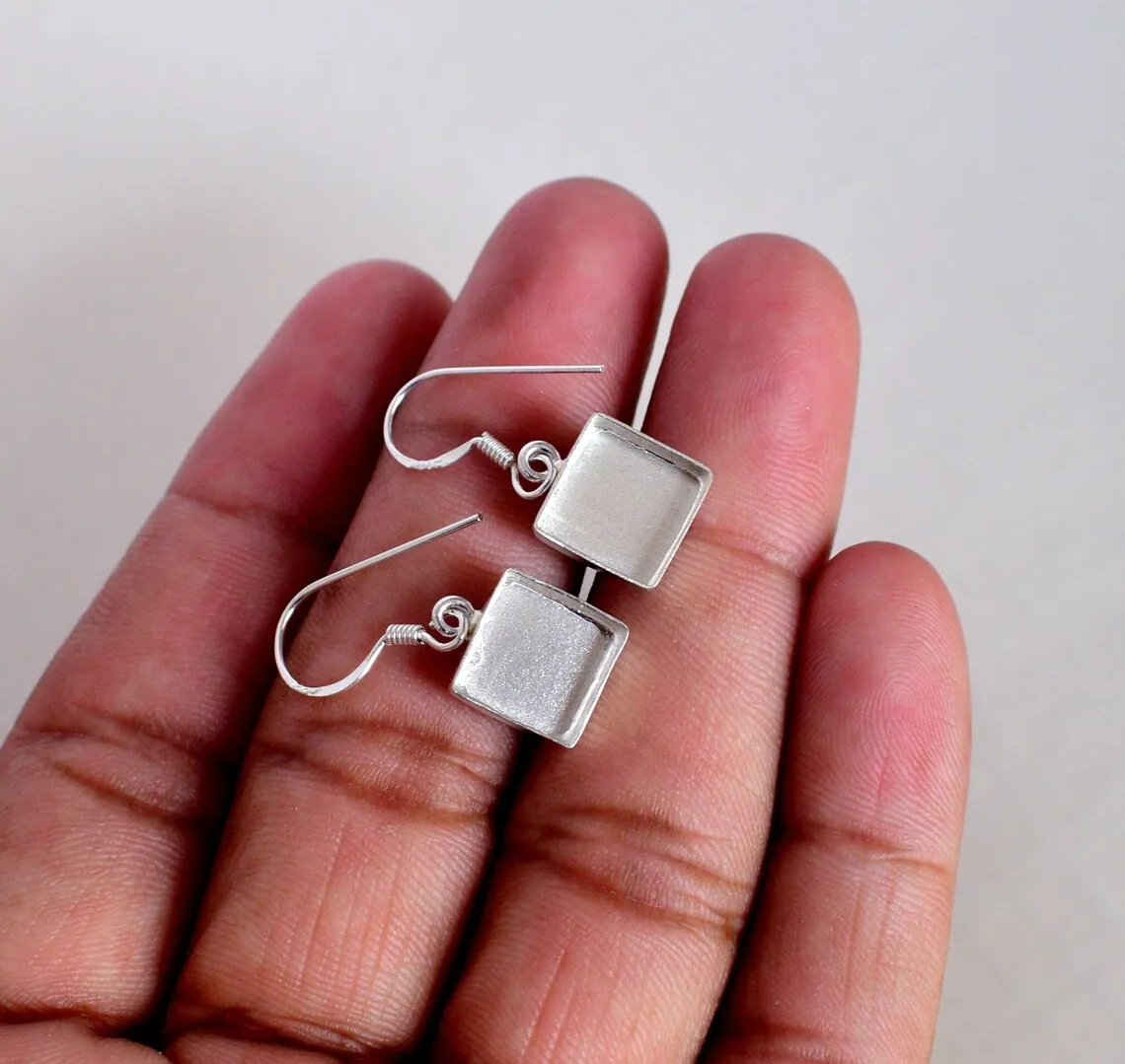 Handmade Bezel Cup Square Shape Collet Hot Selling Pure Solid 925 Sterling Silver 19 MM Hook Earrings Finding Fine Jewelry