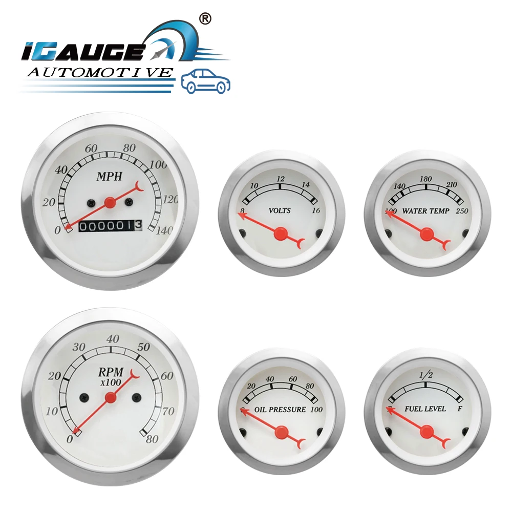 universal auto car 6 set gauge with mechanical speedometer white faceplate and red needle