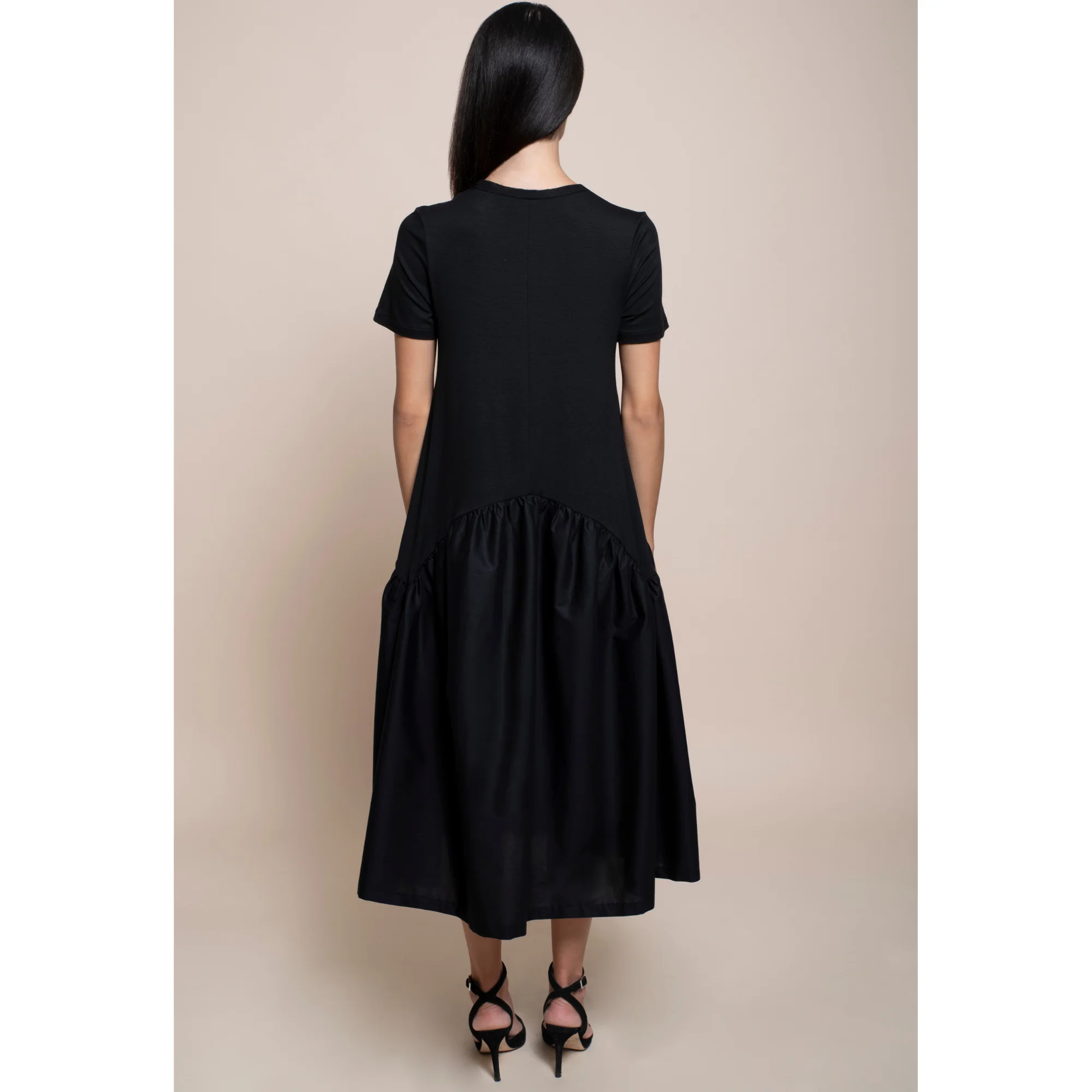 best quality italian long dress round neck half sleeve with cuts and gathered color solid color and polka dots