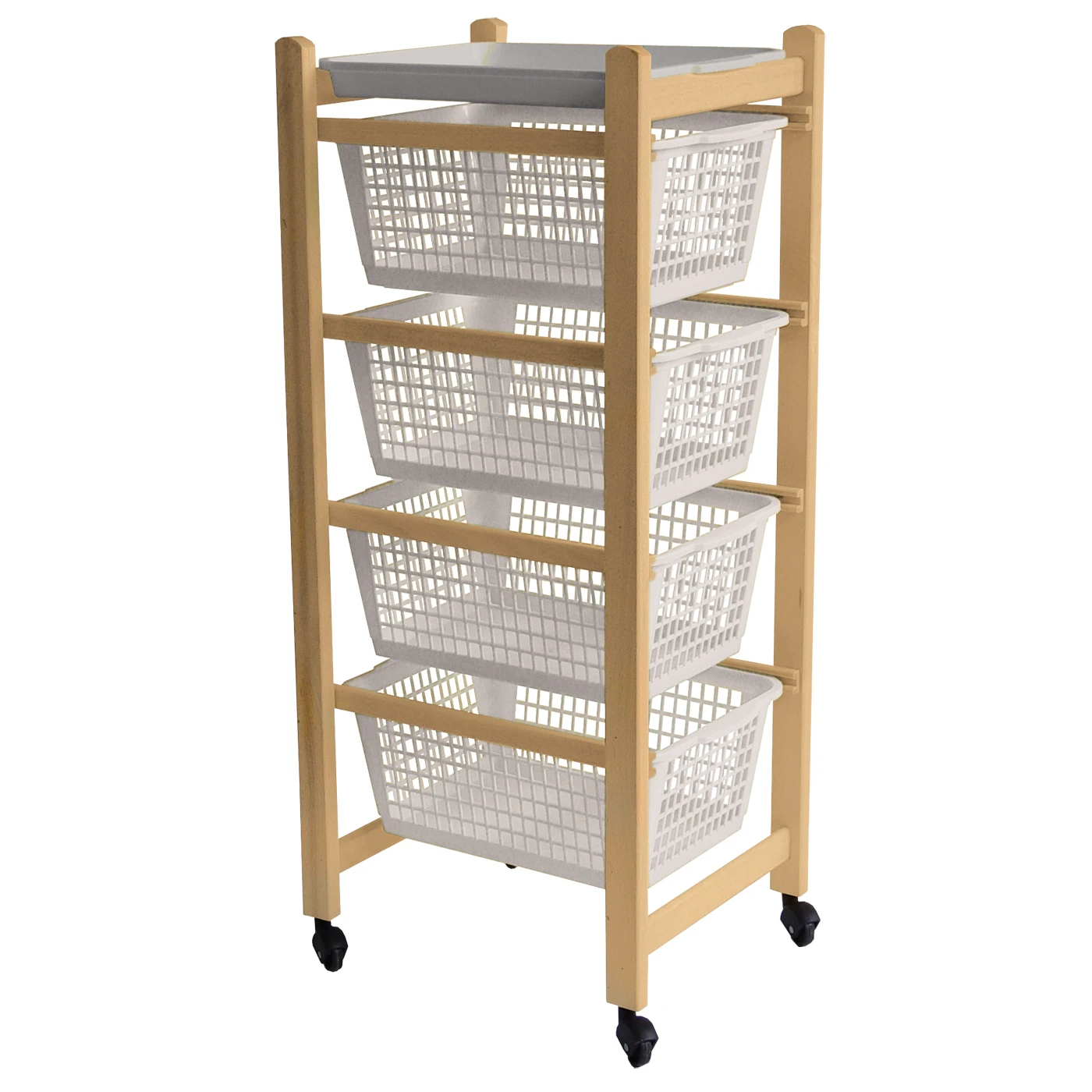 Premium quality Italian multiuse trolley for kitchen in wood natural color with 4 plastic baskets removable tray and castors