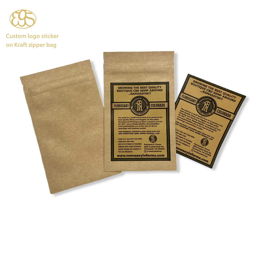 500PCS MOQ custom log kraft sticker with 90x150mm Kraft Paper zipper bag