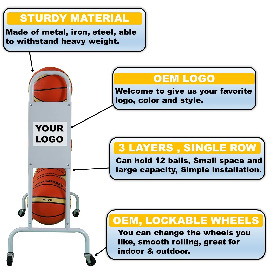 Basketball rack ball organizing storage cart with wheels