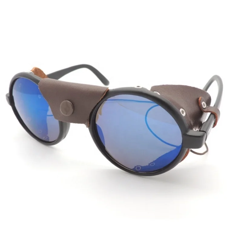 Round designer sunglasses with leather side shield
