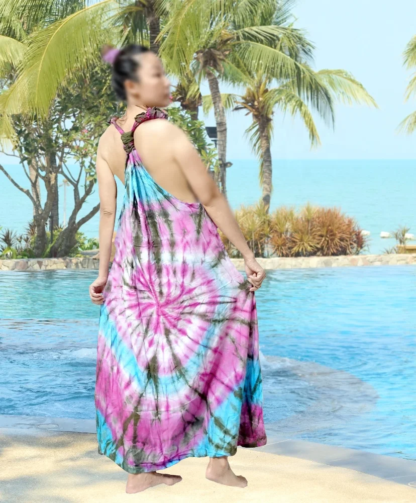 vintage retro thai style HIPPIE BOHO tie dye handmade polka dot butterfly knot kaftan tank long maxi dress