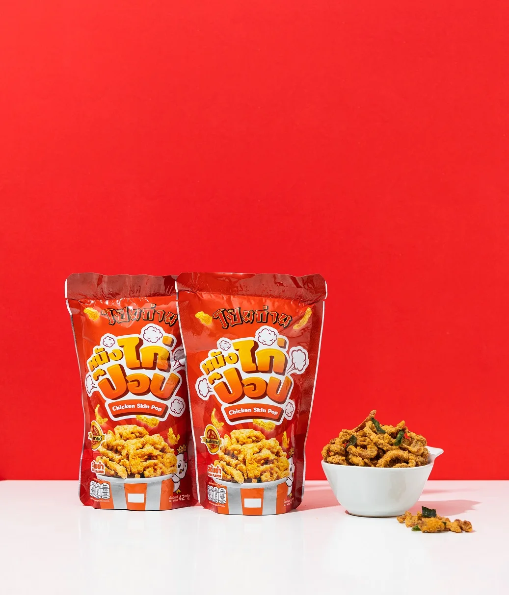 Poygai Crispy Fried Chicken Skin Pop Tom Yum Flavor 42 g. Premium Quality Product from Thailand, High protein