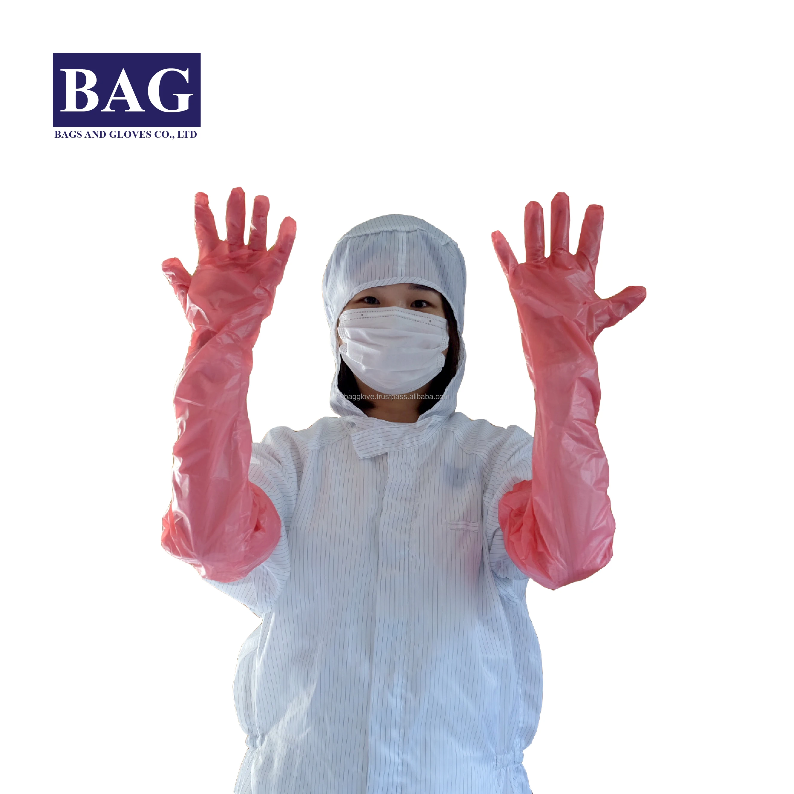 Red Disposable Plastic Long Gloves with rubber band at cuff for Medical, Food, Veterinary usage