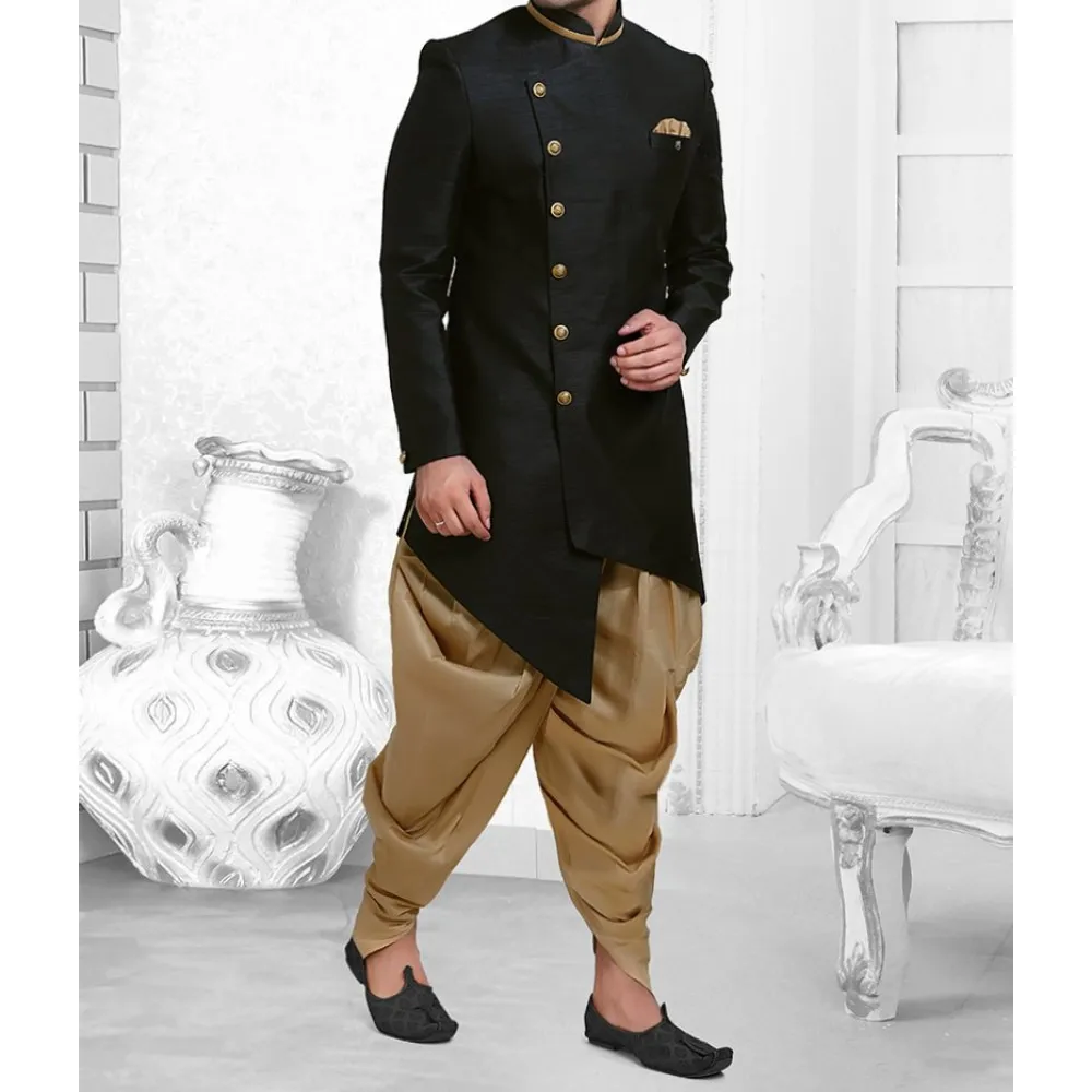 Черное искусство черное шелковое до западного шервани с боковым карманом Необычные пуговицы в стиле dhoti