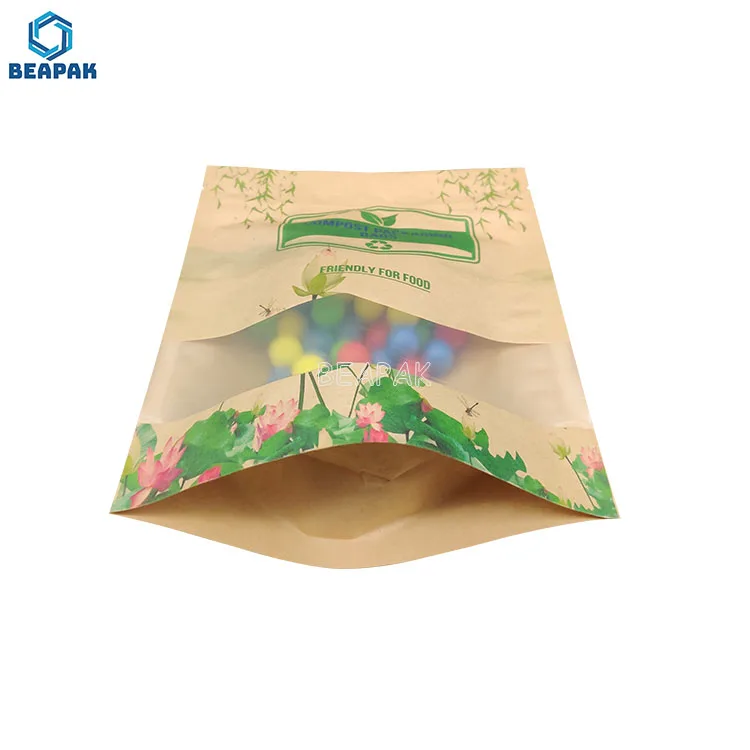 
Biodegradable kraft paper/mylar transparent heat seal resealable stand up pouches 