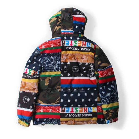 Men custom outdoor fashion splice warm premium puffer down padded winter jacket 2021 with hood spurn cotton