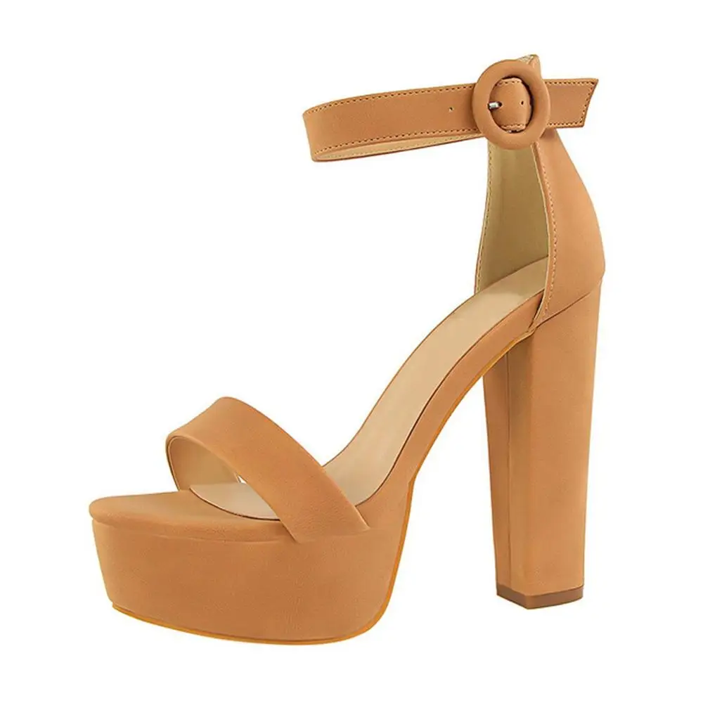 ladies beautiful attractive color high heel suede simple design A-buckle belt platform tan heels sandals shoes